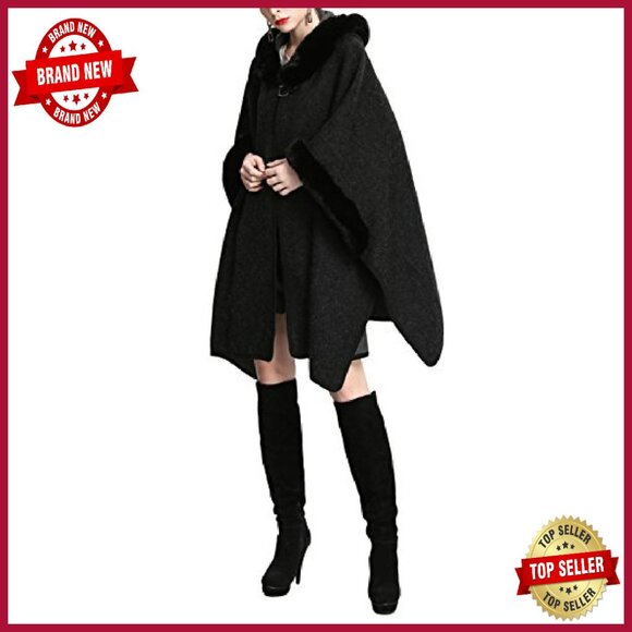Luxury Batwing Sleeve Faux Fur Hooded Cloak Poncho Sweater Cape - Picture 3 of 8